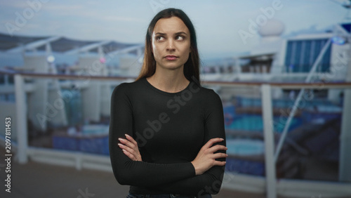 Photography Woman with arms crossed on cruise ship deck, wearing black long sleeve top, rolling eyes toward horizon; annoyance