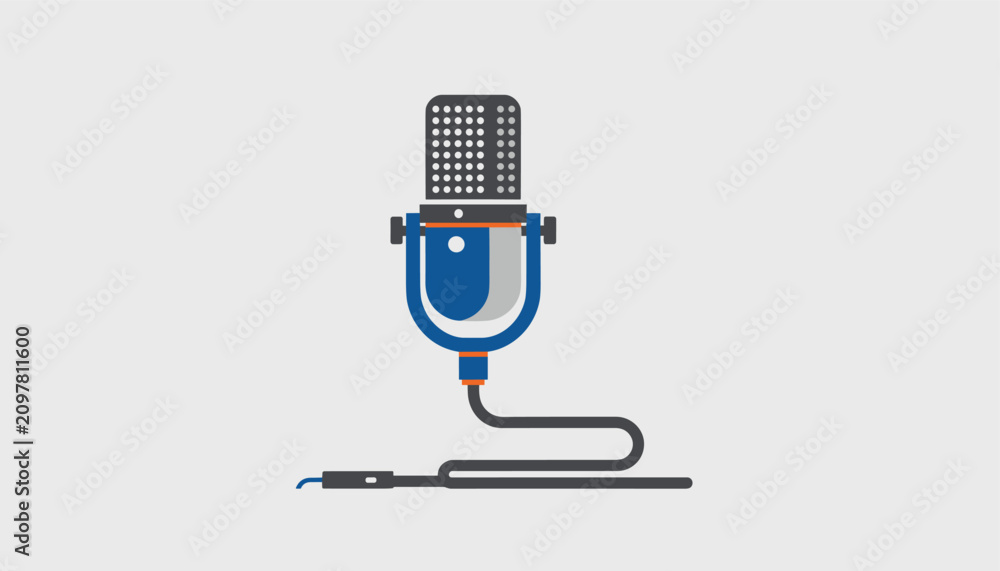 Fototapeta premium Retro condenser microphone with cable for recording and podcasting isolated on grey background in flat style.