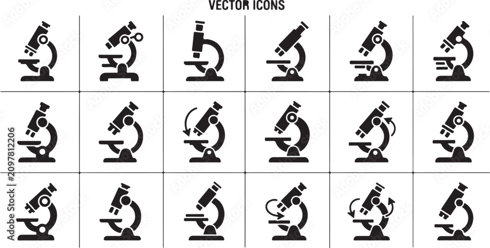 Fototapeta premium Microscope Icons, Vector Laboratory Symbols, Science Equipment, Black Illustrations