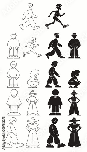Stylized human figures, various poses and attire, line art and silhouette