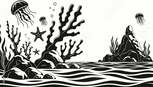 Stylized Underwater Scene with Jellyfish and Coral