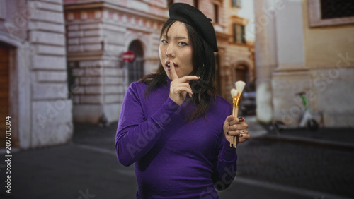 Фотография Woman holding a set of brushes, finger to lips in a shushing gesture on a cobblestone street beside historic building, wearing beret and purple sweater; secrecy