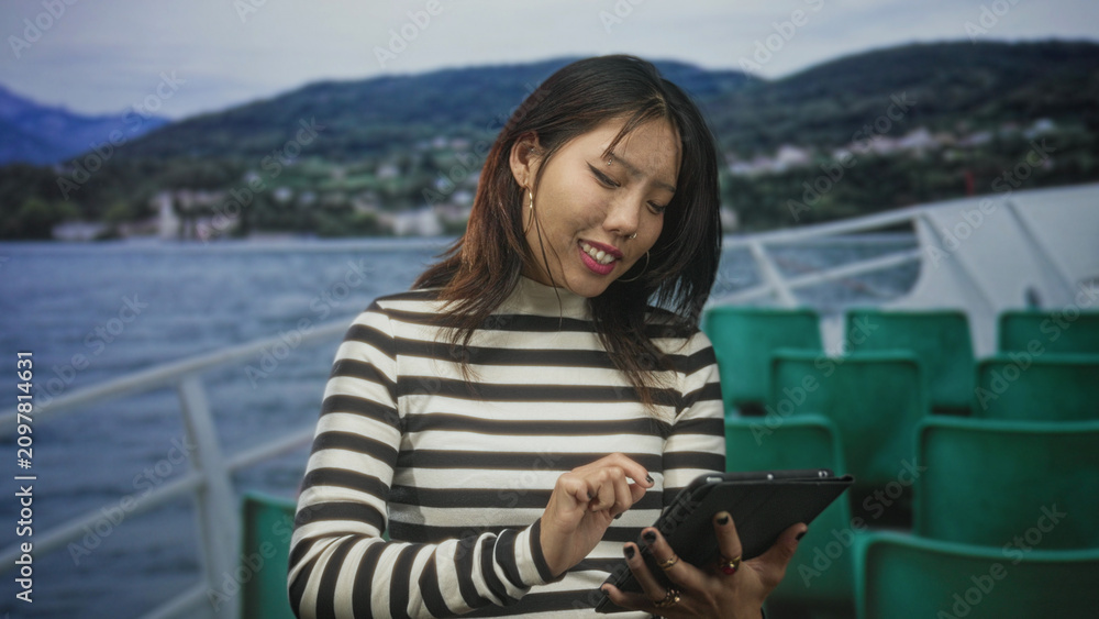 Fototapeta premium Woman tapping tablet with finger on ferry deck, young chinese asian in striped top holding device amid green passenger seats and lake and mountains beyond; serenity connection calm.