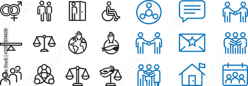 Human rights and social justice vector line icons with scales of justice gender equality accessibility and community symbols