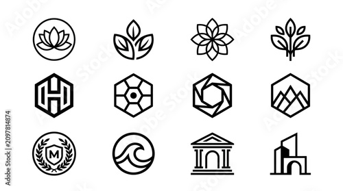 Collection of various line icons and logos.