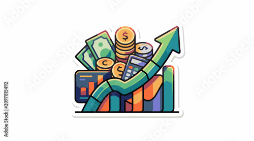 Stylized graphic of financial growth with coins bills and calculator