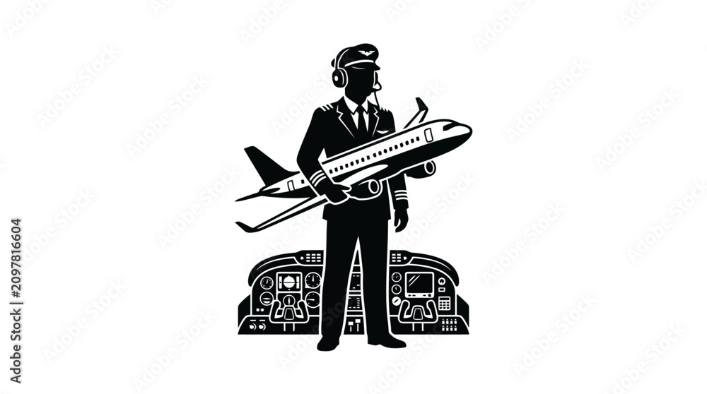 Fototapeta premium Airline pilot holding airplane model illustration.