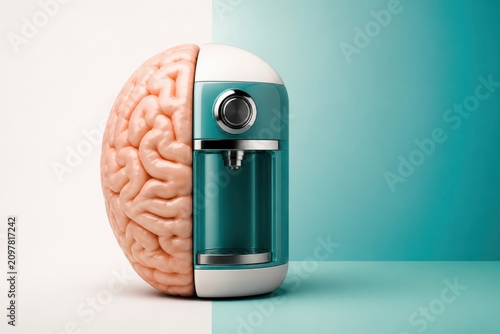 Artificial intelligence brain concept with teal 3D medical device