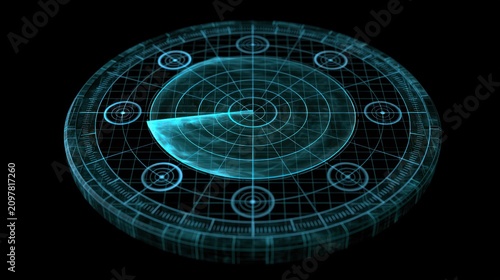 Isometric holographic digital radar screen with interface elements.