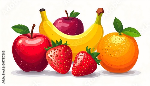 Fresh red and yellow apples with green leaves on white background.
