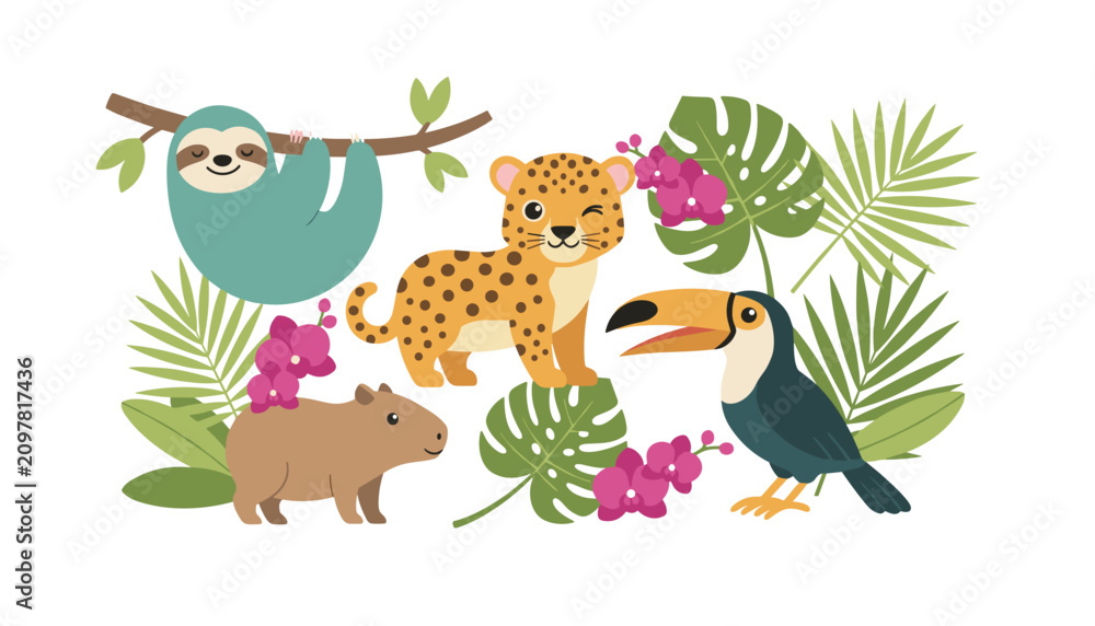 Fototapeta premium Collection of cute jungle animals including a sloth, leopard, toucan, and capybara with tropical leaves and pink orchid flowers.