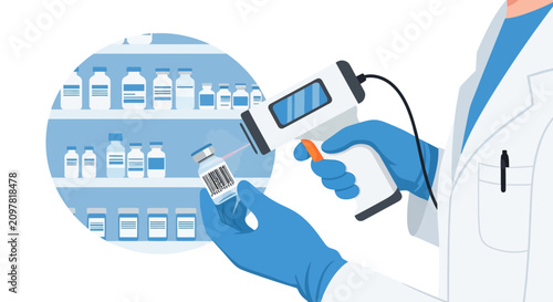 Pharmacist scanning barcode on medicine bottle for inventory management flat design vector illustration.