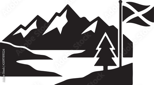 Mountain lake and flag in a simple landscape icon.