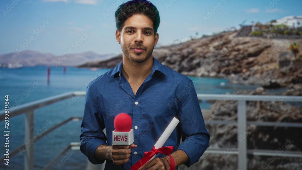 Fototapeta premium Man holds red news microphone and a ribbon tied diploma, smiling on a seaside street by rocky coast and railing; pride achievement.