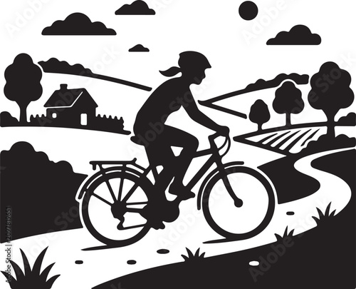 Woman cycling through countryside in minimal vector icon.