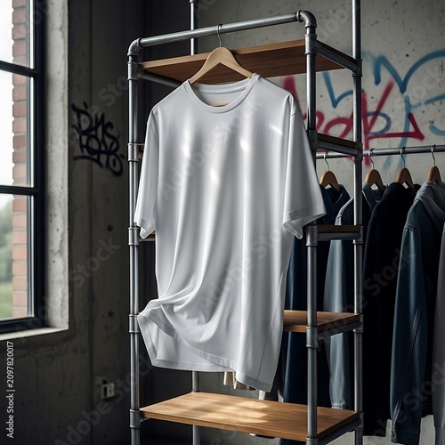 Wrinkled white dress shirt hanging on wooden hanger.