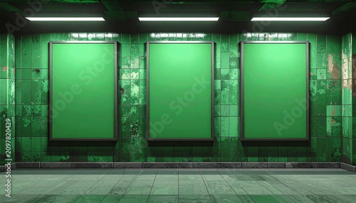 Three vertical green blank billboards on underground wall Mockup. Hoardings advertising triptych on subway wall interior 3D rendering

