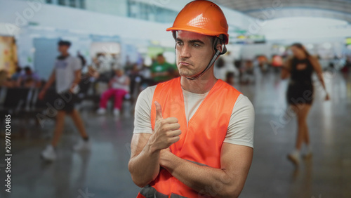 Canvastavla Man in orange safety vest and hardhat gives thumbs up with a puzzled expression in a busy airport terminal; doubt reluctant approval