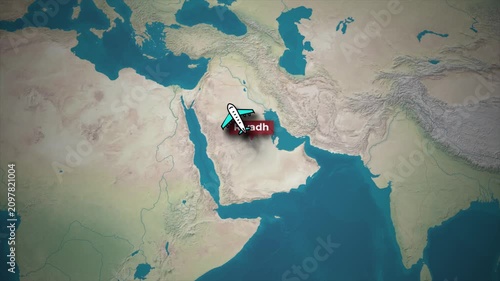 Airplane Flight Route Animation from Riyadh to New York on Topographic Map
