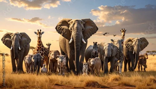 Obraz Majestic African Wildlife Gathering - Elephants and Giraffes in Golden Savannah.