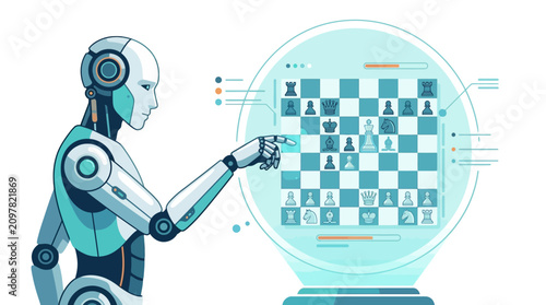 Humanoid AI robot playing strategic digital chess on glowing interactive hologram display flat vector illustration