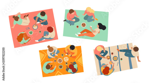 Top View Park Picnic People Flat Vector Overhead Bird Eye View Outdoor Leisure Gathering Illustration EPS SVG Isolated White Background