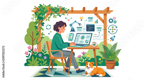 Female freelancer optimizing workflow using artificial intelligence in a peaceful outdoor garden flat design vector illustration.