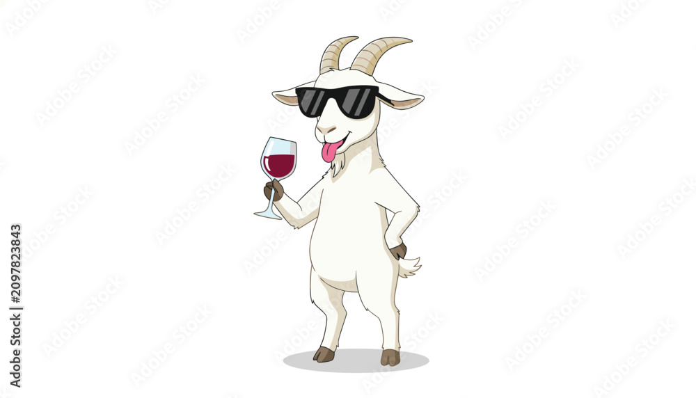 Obraz premium White goat wearing dark sunglasses holding a glass of red wine in a fun celebratory pose against a plain light background.