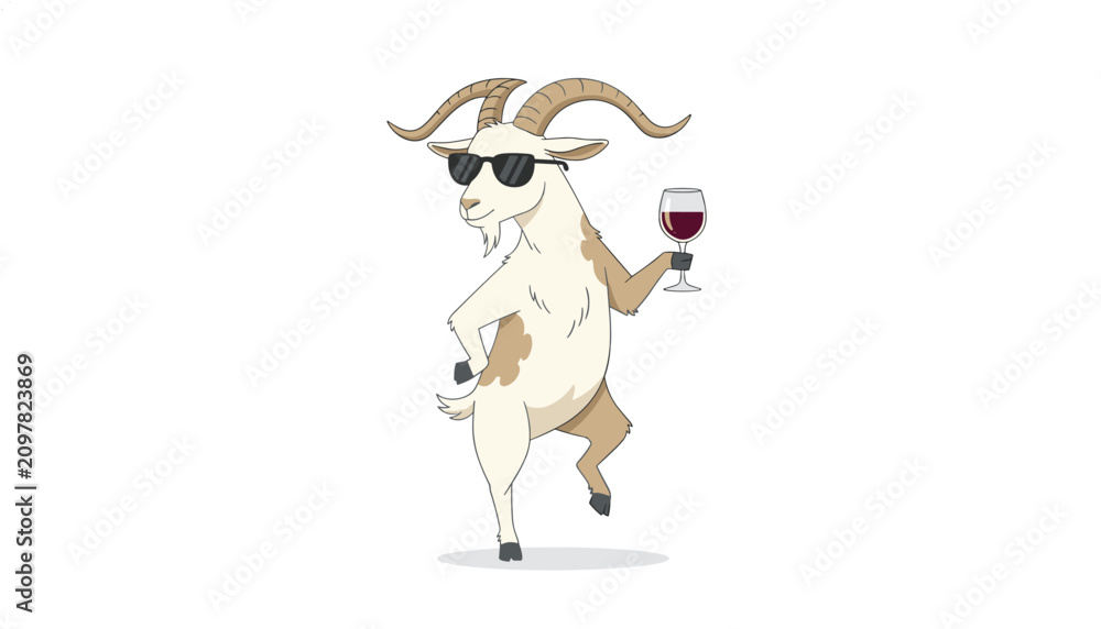 Obraz premium Cartoon horned goat wearing sunglasses posing elegantly while balancing a glass of red wine on a plain minimalist background.