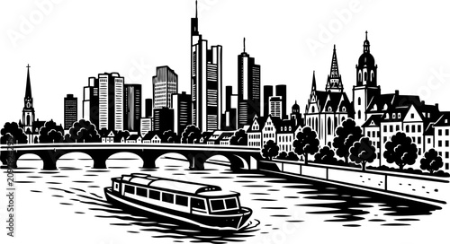 frankfurt germany skyline with historic and modern architecture black and white illustration
