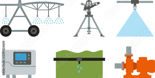 Agricultural irrigation system icon set featuring center pivot sprinkler tripod spray drip watering line controller and water pump vectors for farming equipment