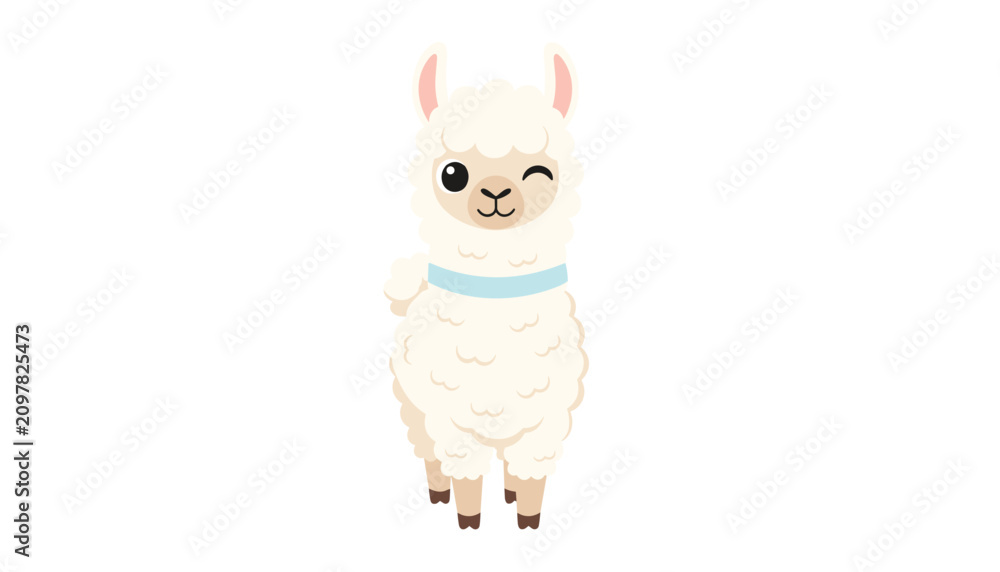 Fototapeta premium Adorable white cartoon llama winking and wearing a blue collar isolated against a simple white background for festive designs.
