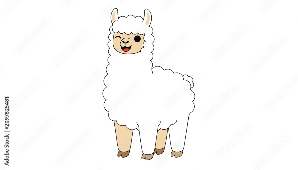 Fototapeta premium Cheerful white cartoon llama laughing and winking with fluffy woolly fur displayed against a plain white background for projects.