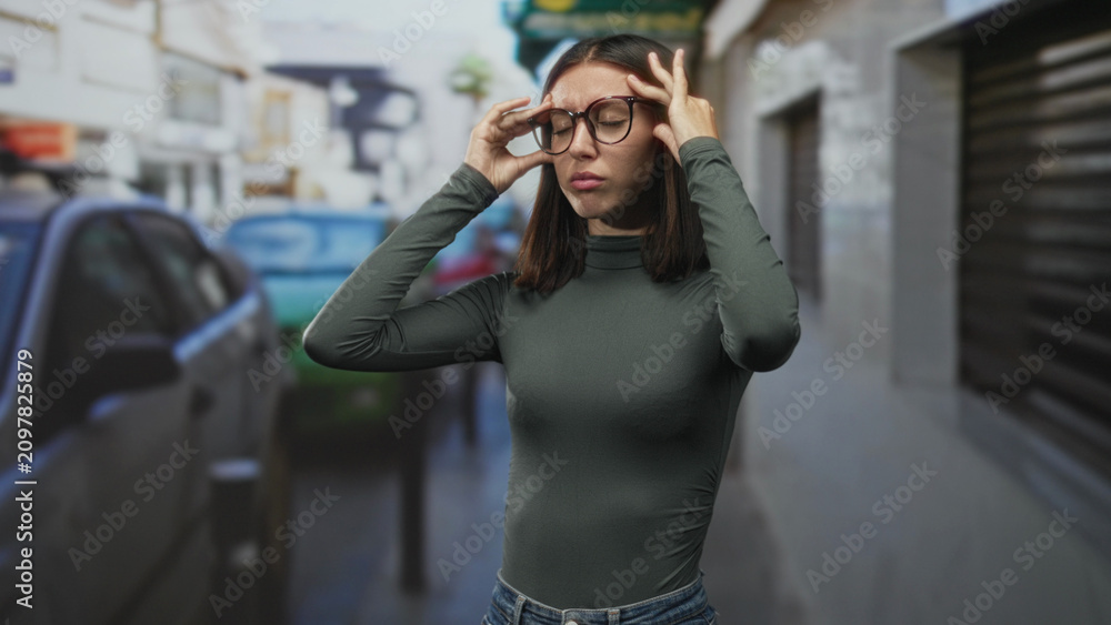 Fototapeta premium Woman adjusting glasses and holding temples on a city street near parked cars and a closed shop; headache stress.