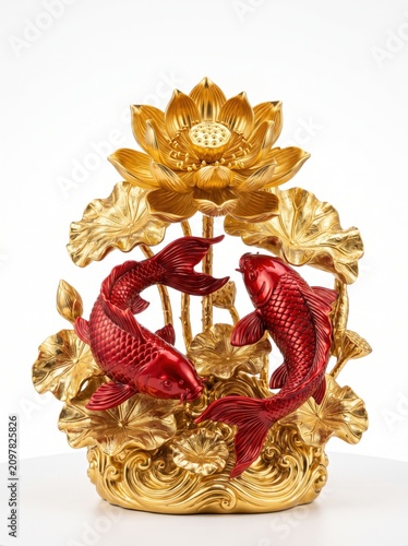 Luxury oriental sculpture of two glossy red koi fish circling beneath a fully bloomed golden lotus flower, surrounded by metallic gold lotus leaves, premium resin craftsmanship