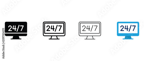 247 service icons set with different computer monitor styles for customer support and availability  business hours and online support symbols