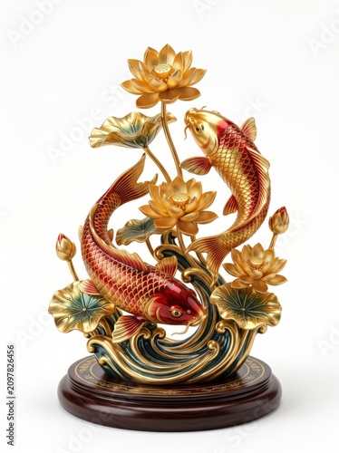 Luxury feng shui koi sculpture with elegant lotus pond design, premium metallic gold lotus leaves, glossy enamel fish, soft studio lighting, isolated on pure white background