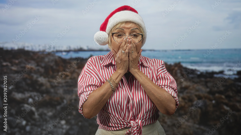 Fototapeta premium Senior woman wearing red santa hat, glasses and striped shirt claps hands, covers mouth, then opens palms in studio with rocky shore backdrop; holiday surprise joy.