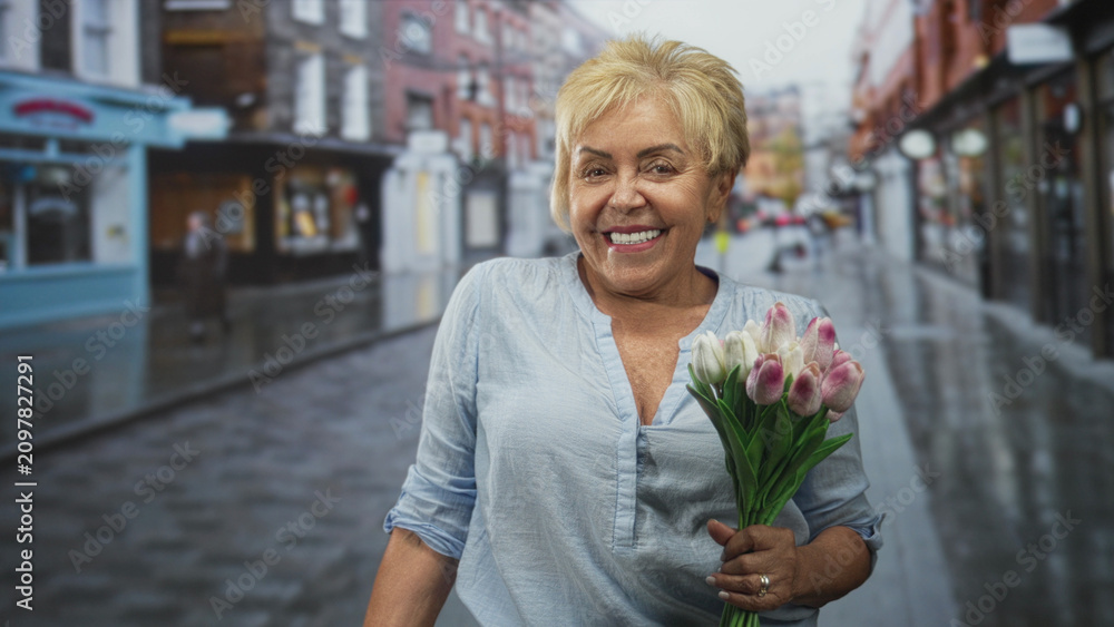 Fototapeta premium Woman holding a bouquet of tulips and smiling, wearing a blue blouse and ring on her hand, standing on a wet cobblestone street; joy celebration.