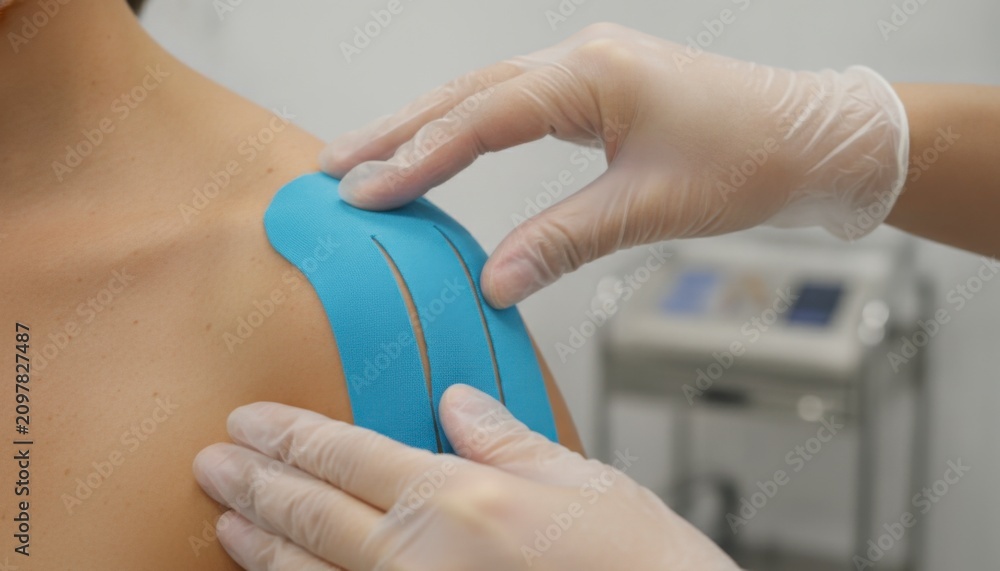 Fototapeta premium A detailed shot captures a professional applying vibrant blue kinesiology tape to a woman's shoulder, aiming to alleviate muscle discomfort and support recovery