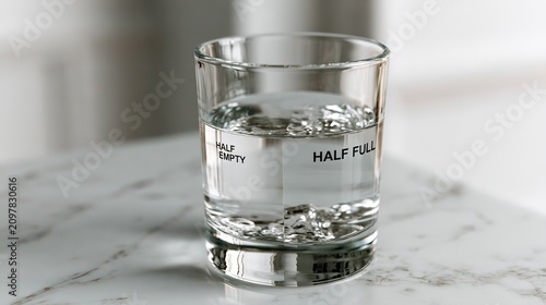 Glass of water divided into labels 'half empty' and 'half full'