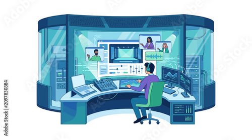 Professional virtual event producer managing live broadcast for remote webinars flat vector illustration.
