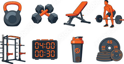 Tableau sur toile Fitness and Weightlifting Gym Equipment Icons Set for Strength Training and Body