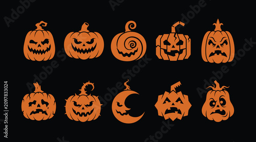 Bilde på lerret Halloween pumpkin faces with various expressions and designs on a solid backgrou