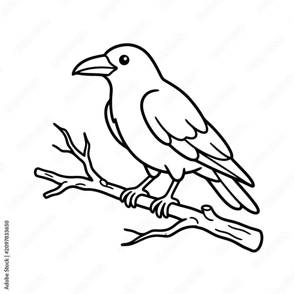 Fototapeta premium A black bird drawing perches serenely on a thin tree branch its outline clearly defined for artistic purposes and creative projects conveying a sense of nature and wildlife in a charming sketch