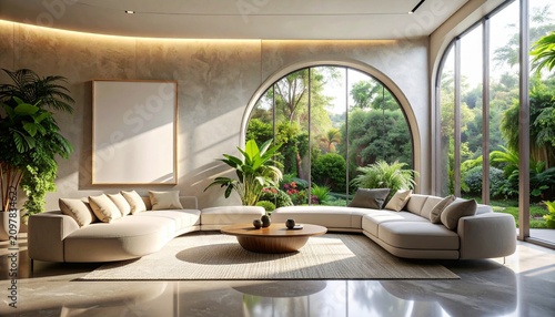 Modern living room with beige couches and large windows overlooking lush greenery outdoors