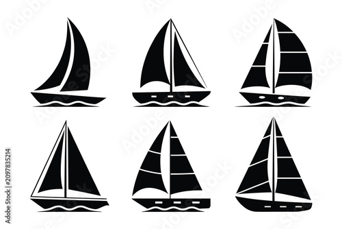 Setofsixdifferentsailingboatswithvarioussailconfigurationsonwater