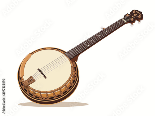 Φωτογραφία Classic FiveString Banjo Musical Instrument on White Background.