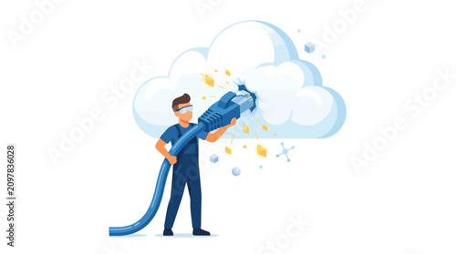 Professional IT technician plugging ethernet cable into cloud for data network connection flat vector illustration.