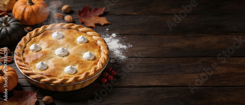 Pumpkin pie with whipped cream, pumpkins, nuts, berries and autumn leaves on dark wooden background with copy space right. For banner, design, shop, blog and restaurant promotion.